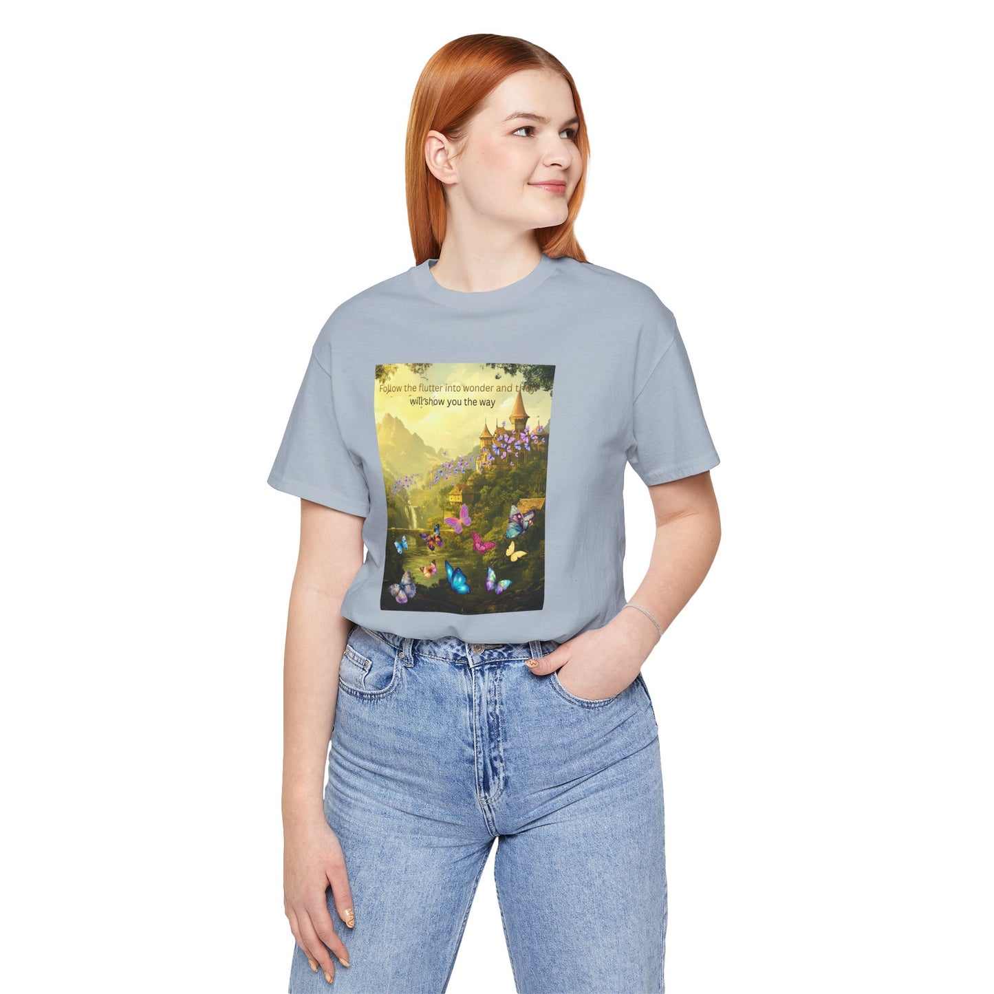 Inspirational Butterfly Landscape Tee — "Follow the Flower..." Nature Graphic T‑Shirt