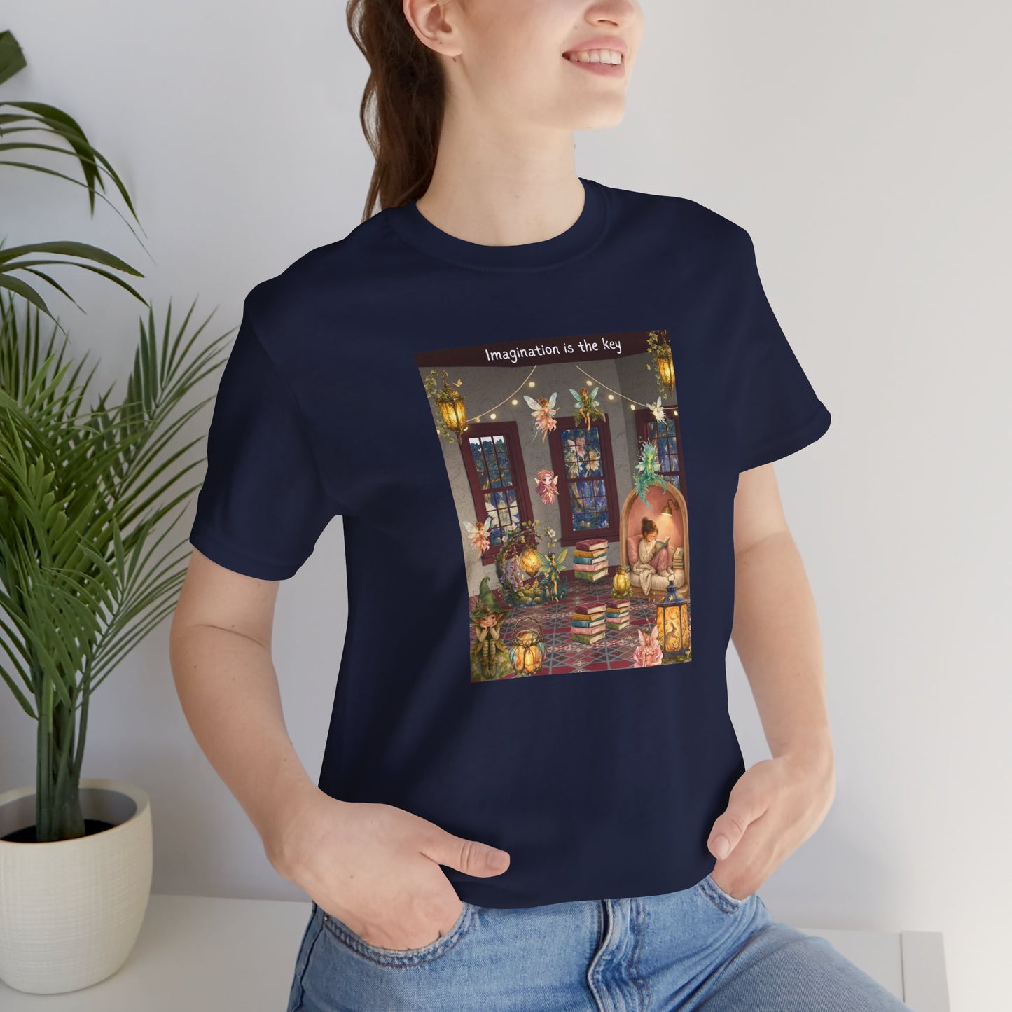T-Shirt — Cozy Nighttime Reading Scene "Imagination is the Key"