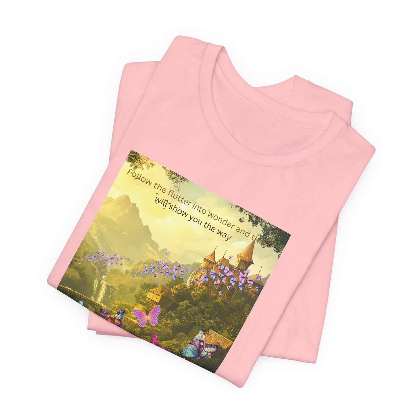 Inspirational Butterfly Landscape Tee — "Follow the Flower..." Nature Graphic T‑Shirt