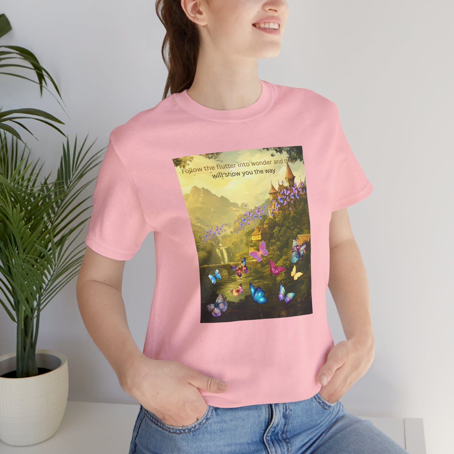 Inspirational Butterfly Landscape Tee — "Follow the Flower..." Nature Graphic T‑Shirt
