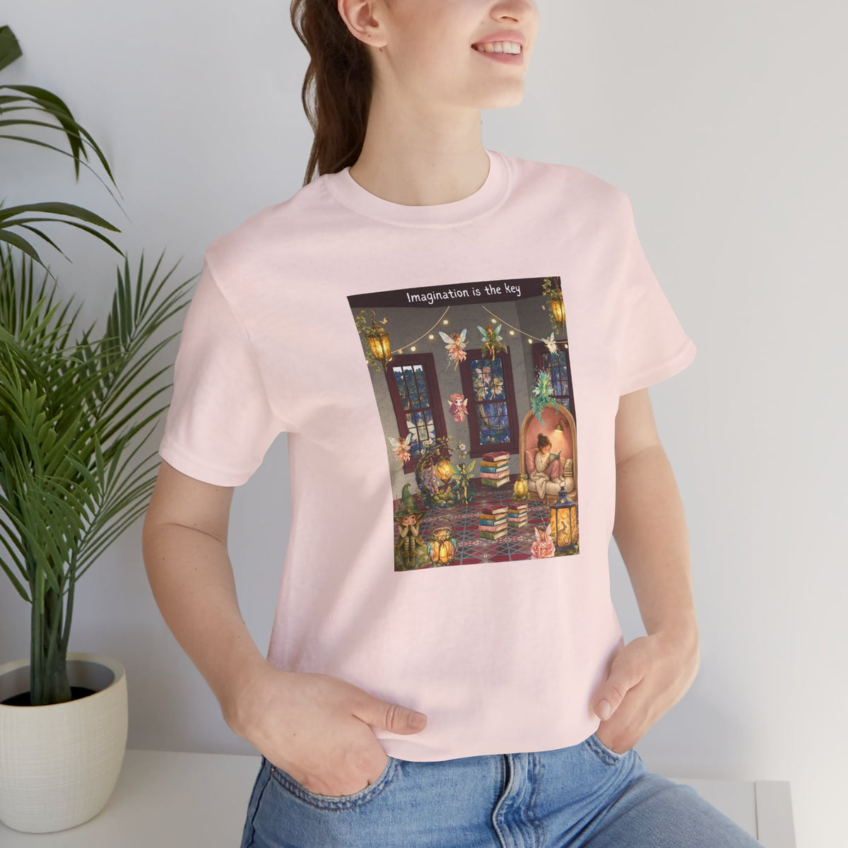 T-Shirt — Cozy Nighttime Reading Scene "Imagination is the Key"