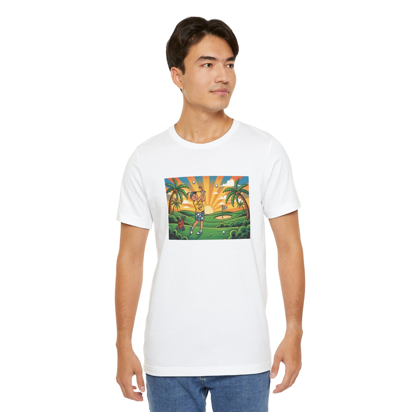 Sunset Golfer Graphic Tee — Tropical Golf Cartoon T-Shirt