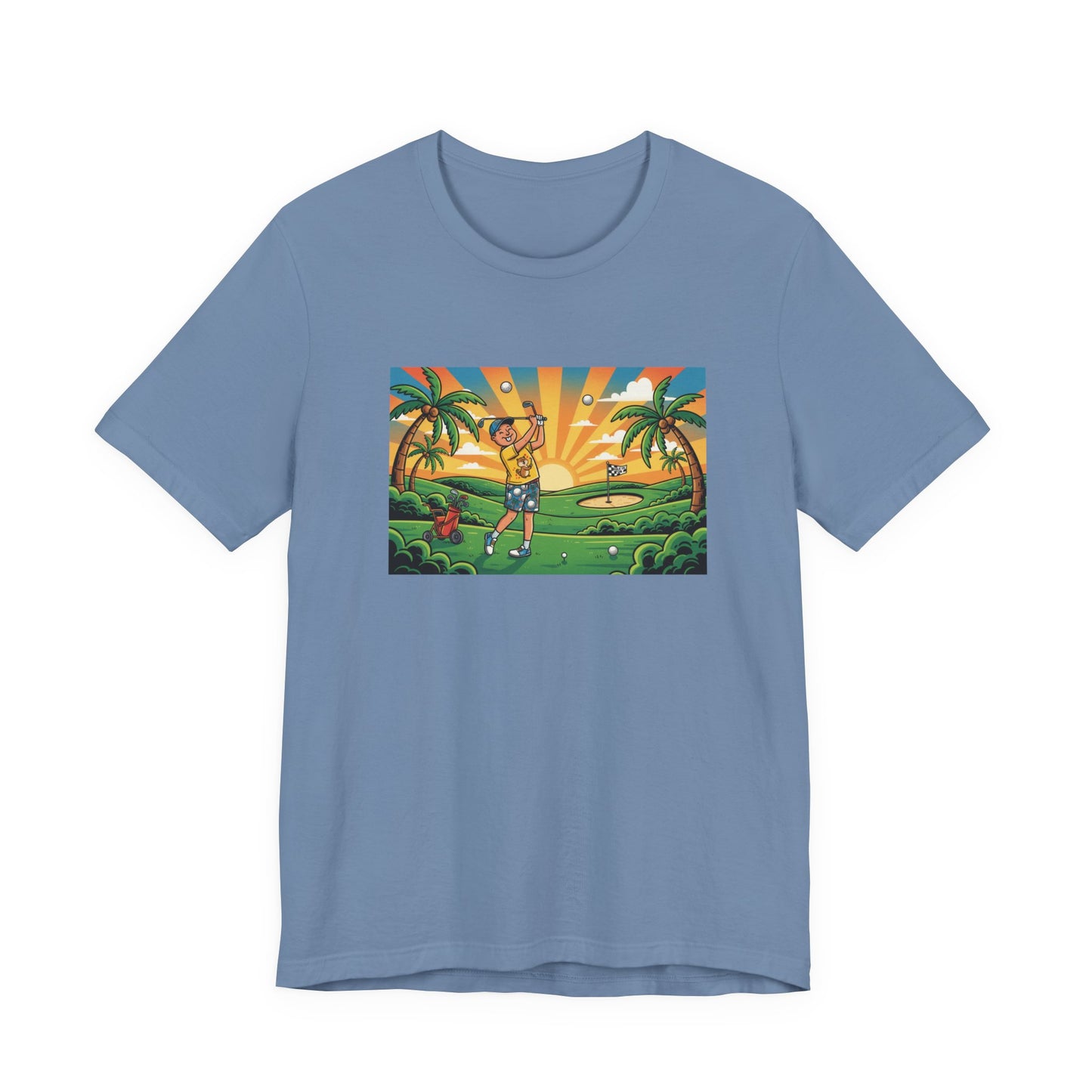 Sunset Golfer Graphic Tee — Tropical Golf Cartoon T-Shirt