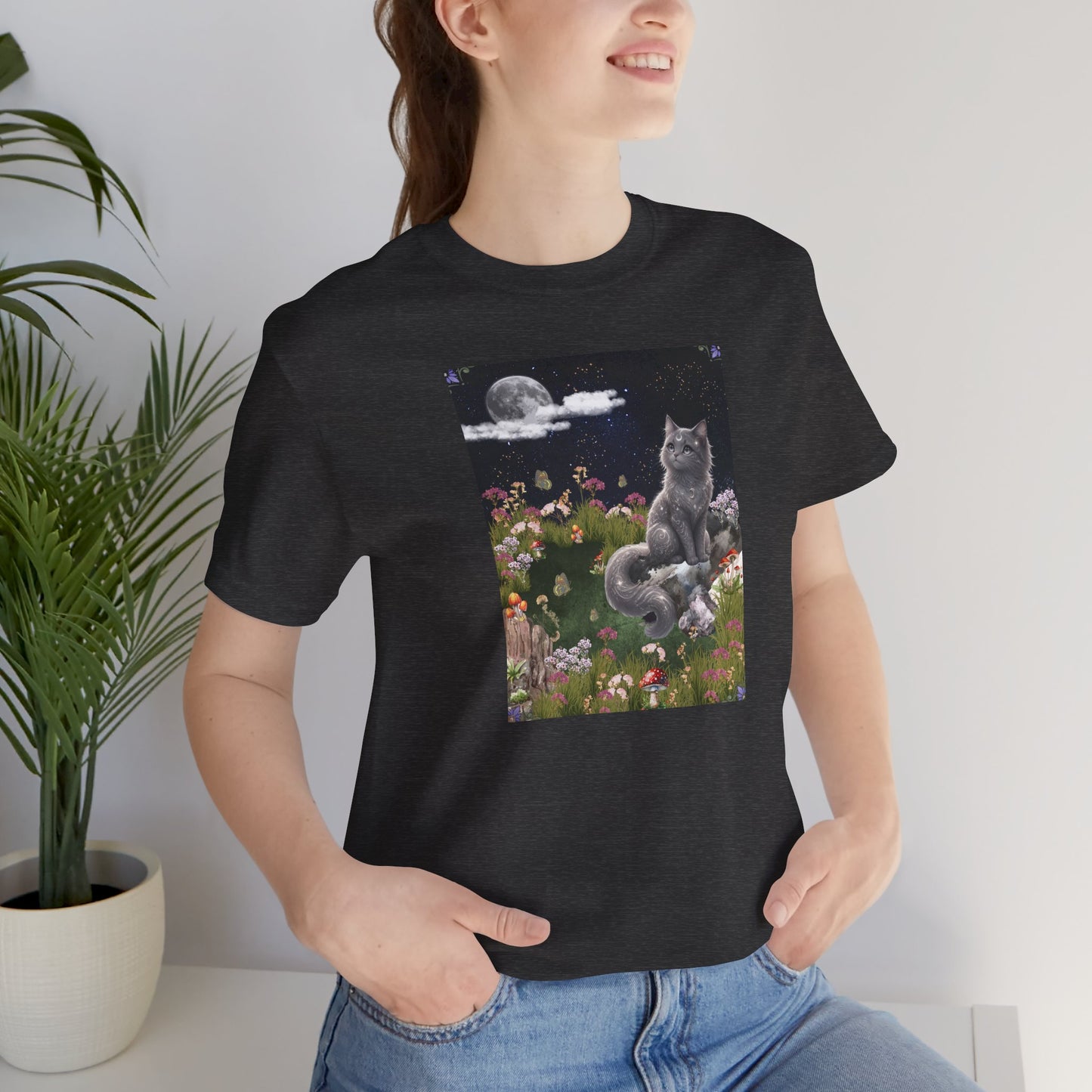 Moonlit Cat Garden T-Shirt — Midnight Moon & Floral Kitty Tee