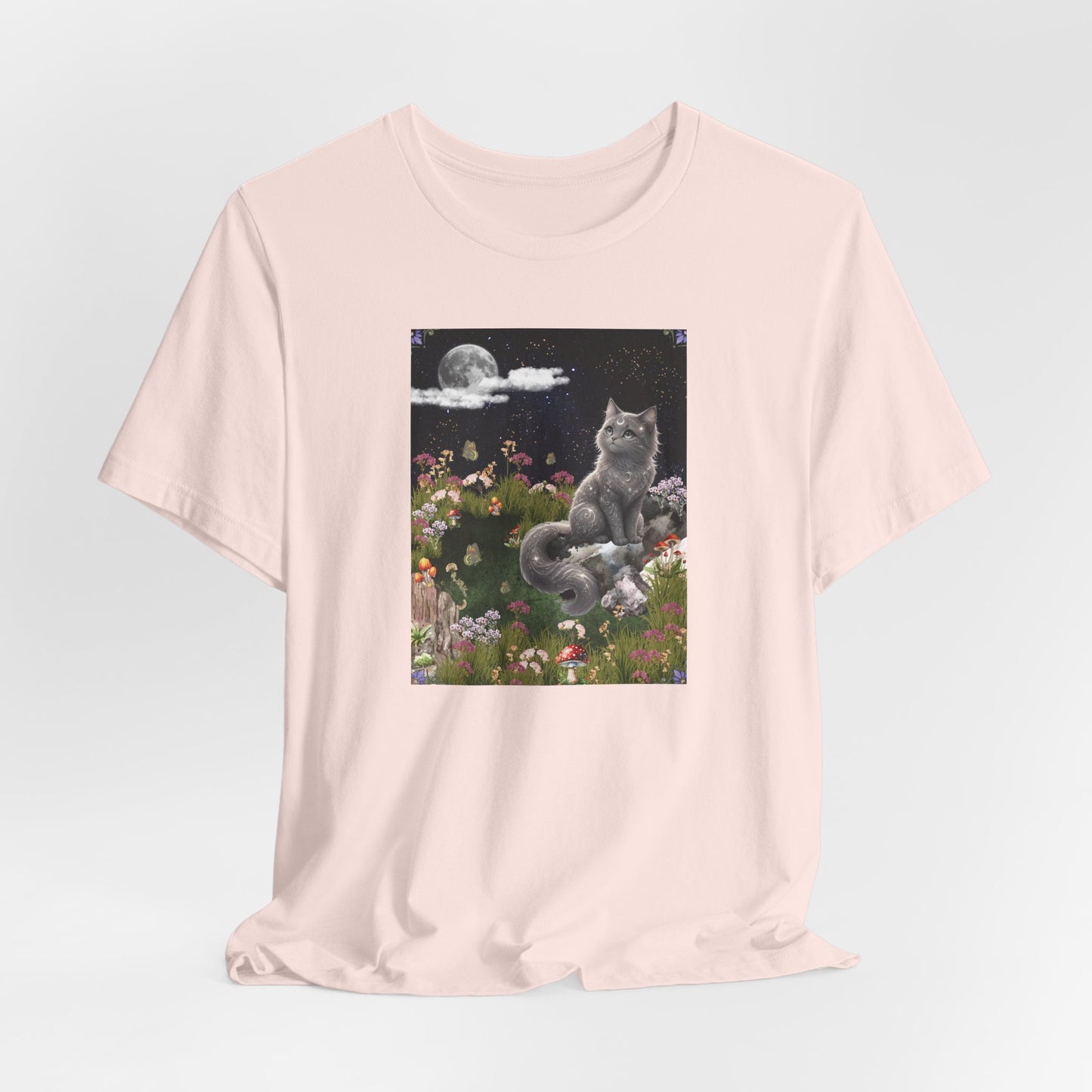 Moonlit Cat Garden T-Shirt — Midnight Moon & Floral Kitty Tee