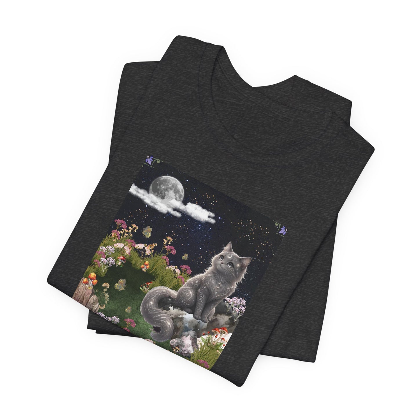 Moonlit Cat Garden T-Shirt — Midnight Moon & Floral Kitty Tee