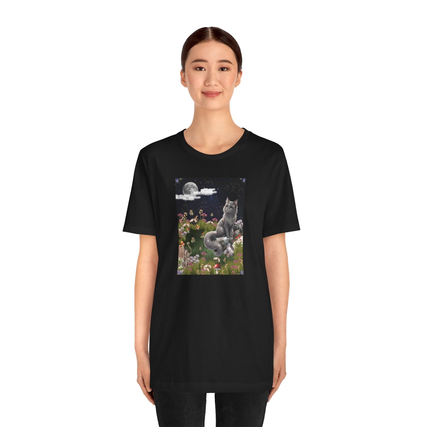 Moonlit Cat Garden T-Shirt — Midnight Moon & Floral Kitty Tee