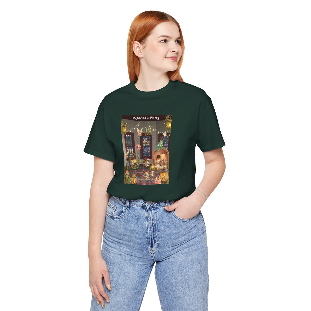 T-Shirt — Cozy Nighttime Reading Scene "Imagination is the Key"