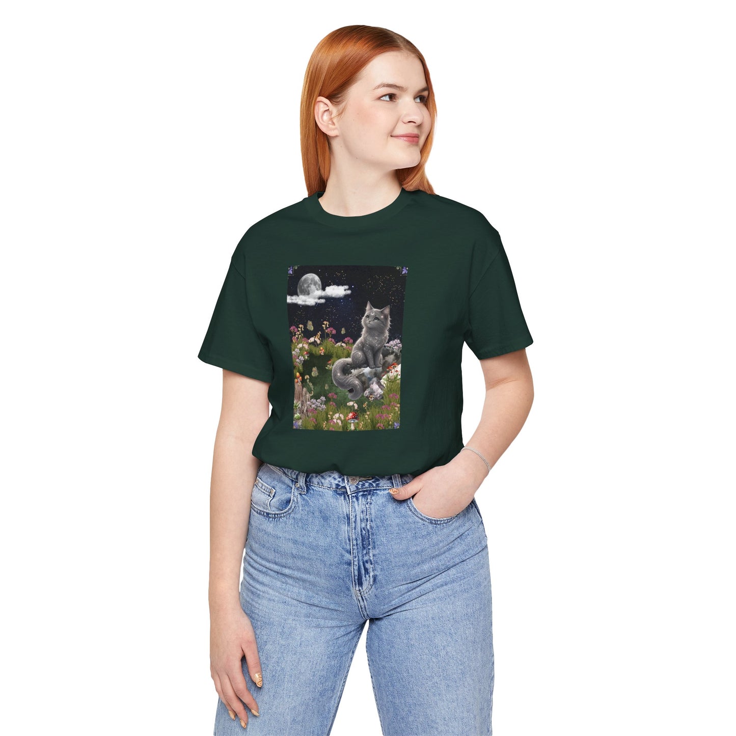 Moonlit Cat Garden T-Shirt — Midnight Moon & Floral Kitty Tee