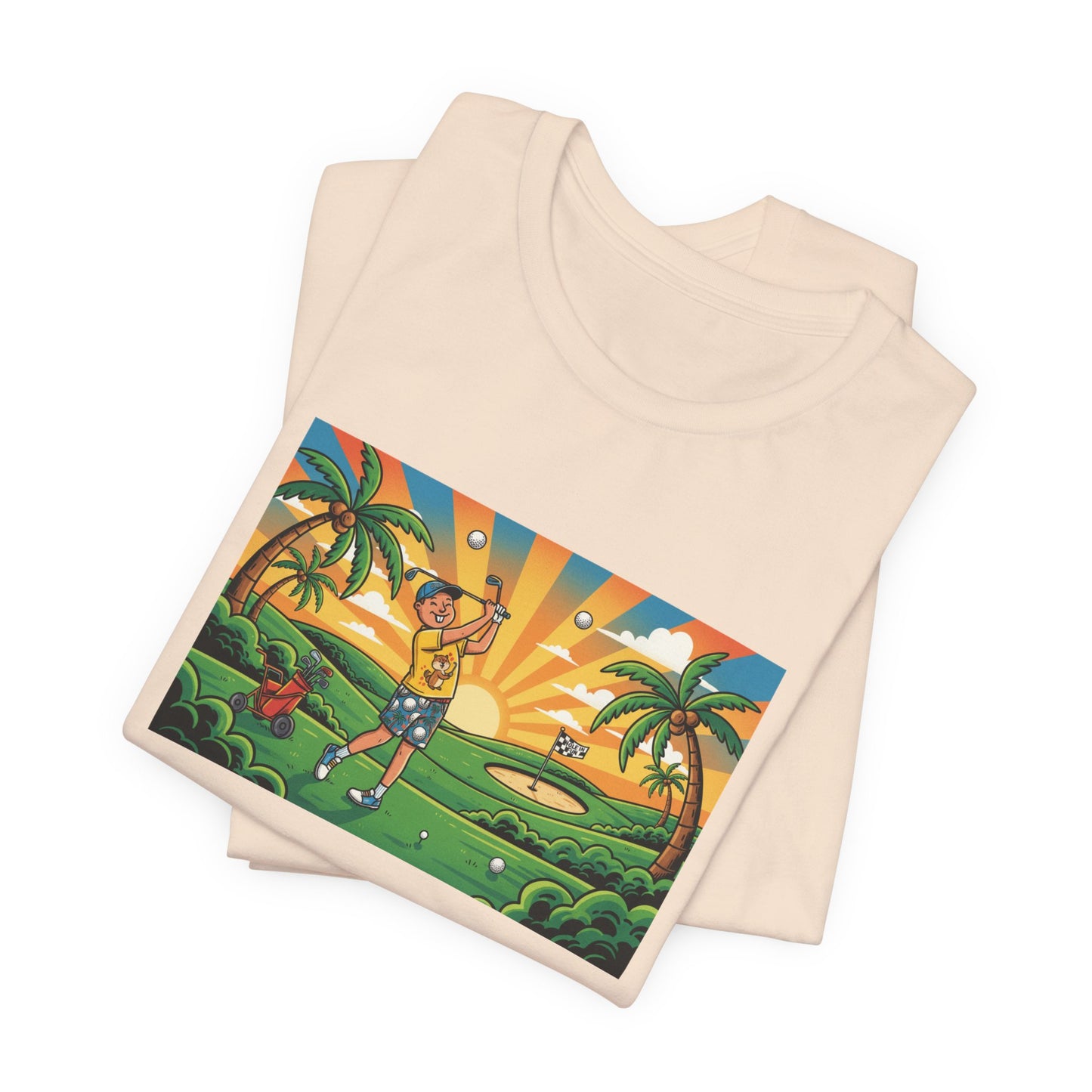 Sunset Golfer Graphic Tee — Tropical Golf Cartoon T-Shirt
