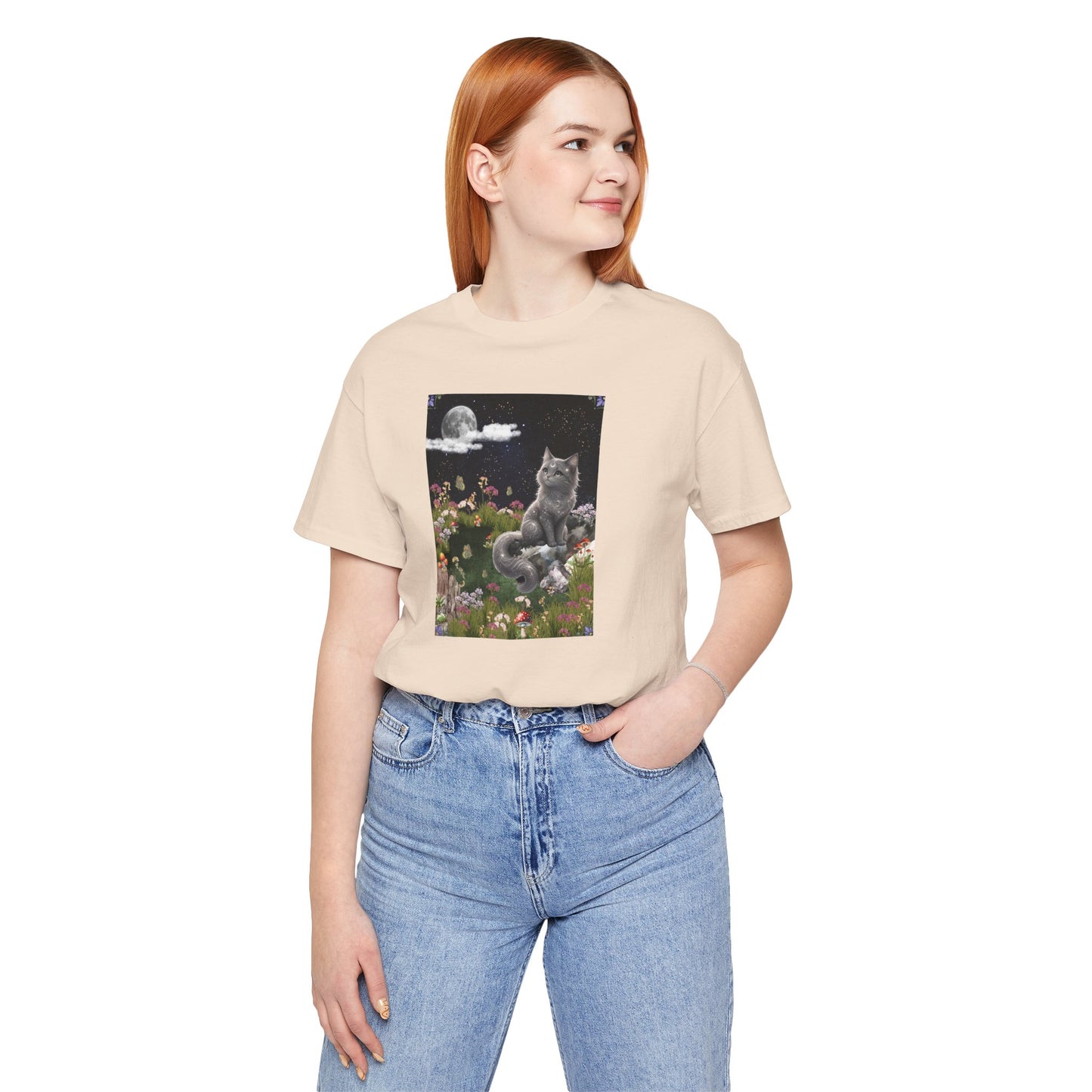 Moonlit Cat Garden T-Shirt — Midnight Moon & Floral Kitty Tee
