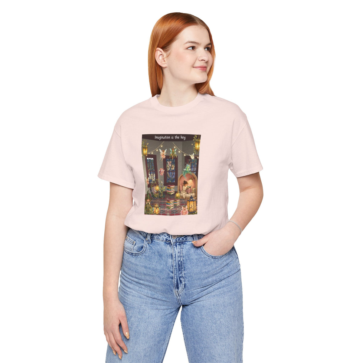 T-Shirt — Cozy Nighttime Reading Scene "Imagination is the Key"