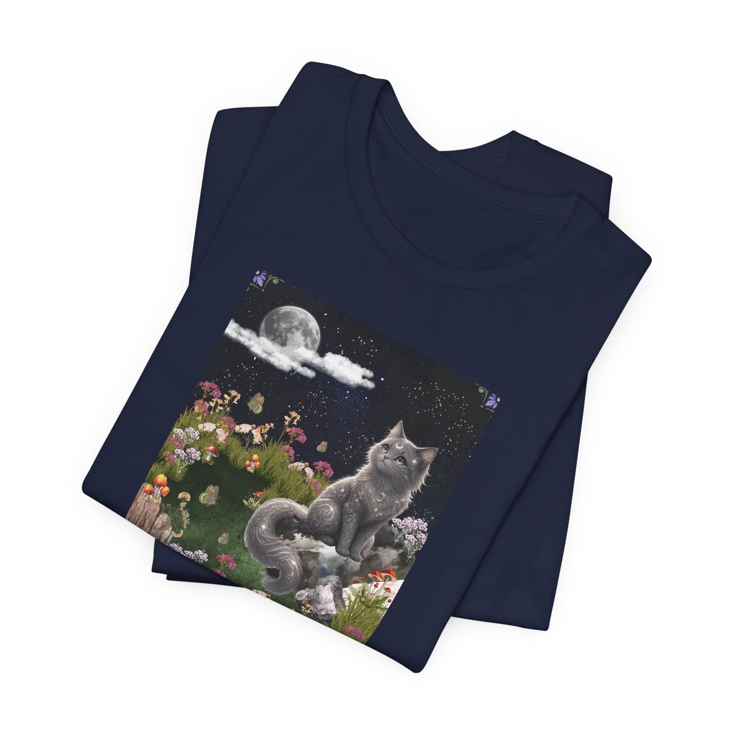 Moonlit Cat Garden T-Shirt — Midnight Moon & Floral Kitty Tee