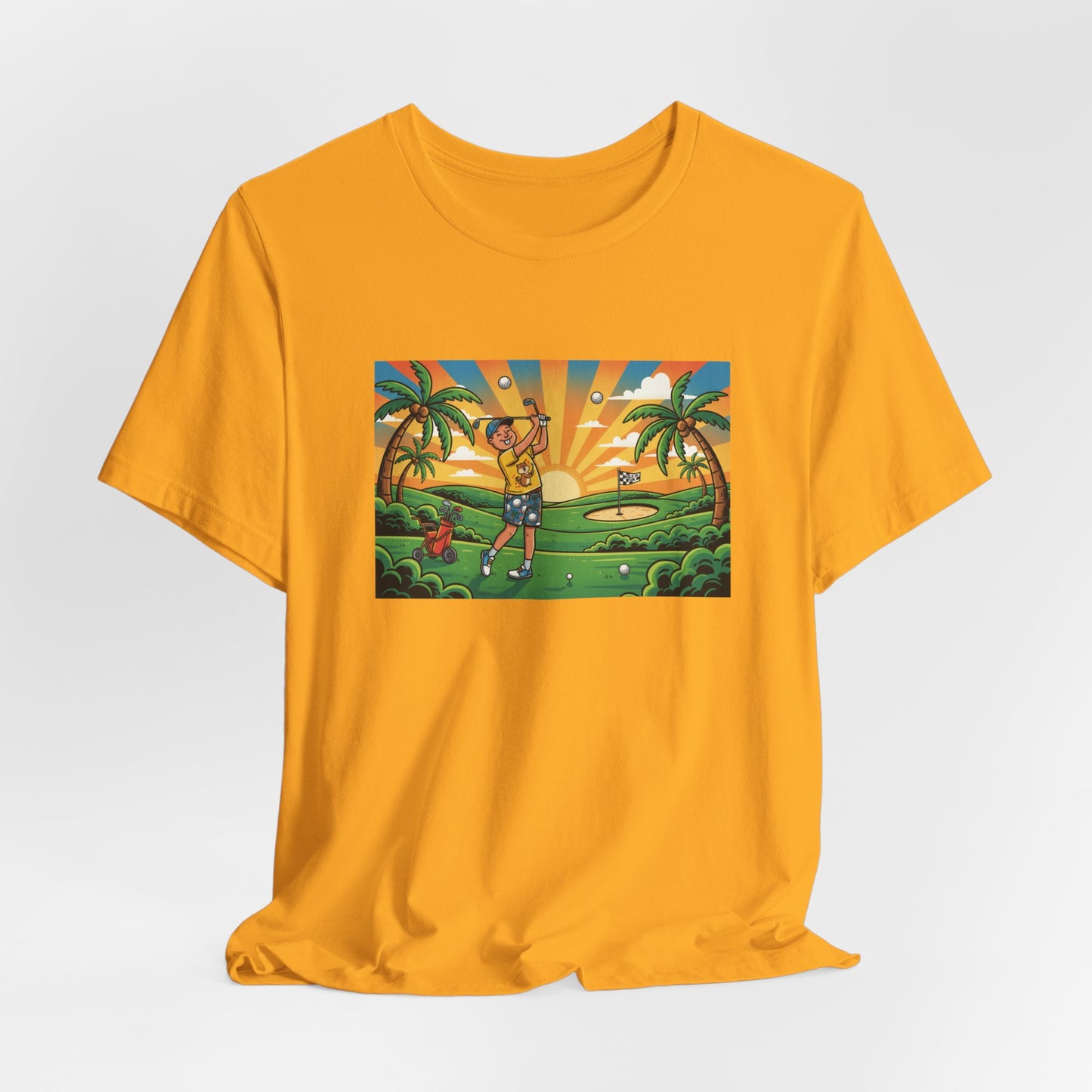 Sunset Golfer Graphic Tee — Tropical Golf Cartoon T-Shirt