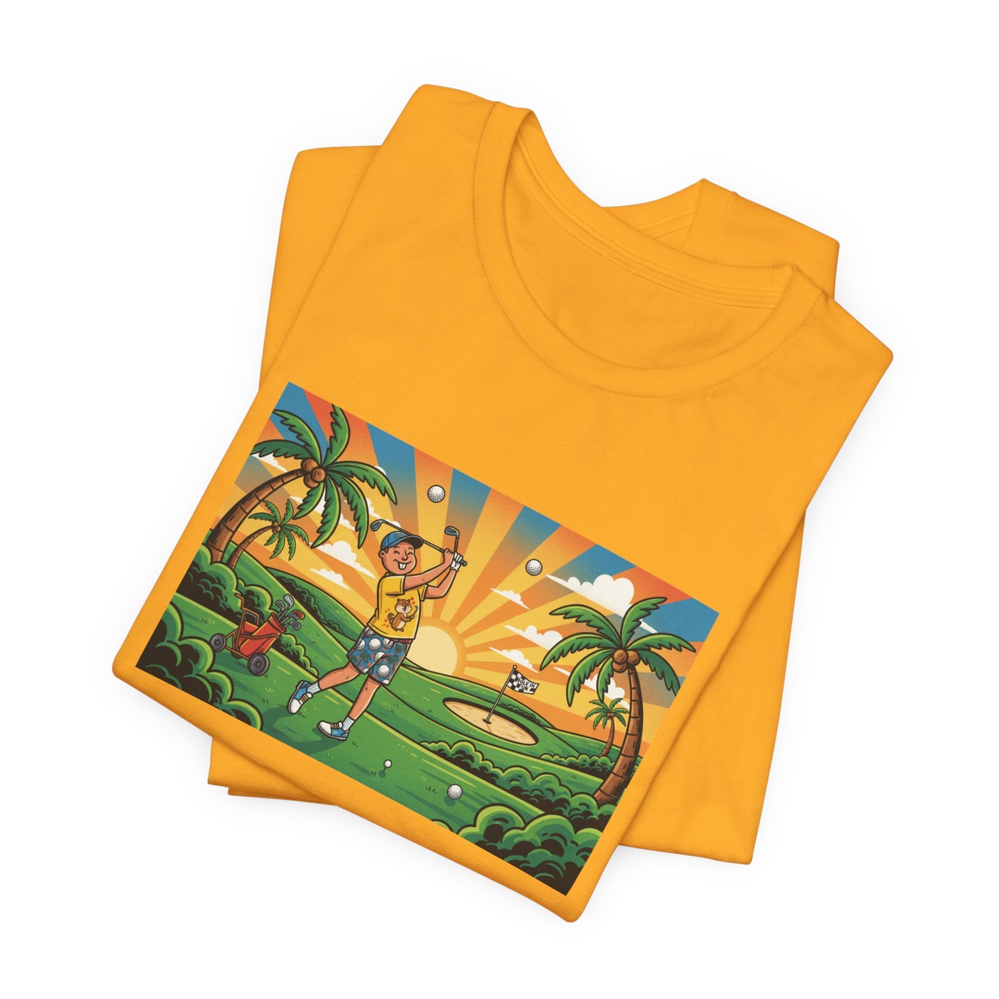 Sunset Golfer Graphic Tee — Tropical Golf Cartoon T-Shirt