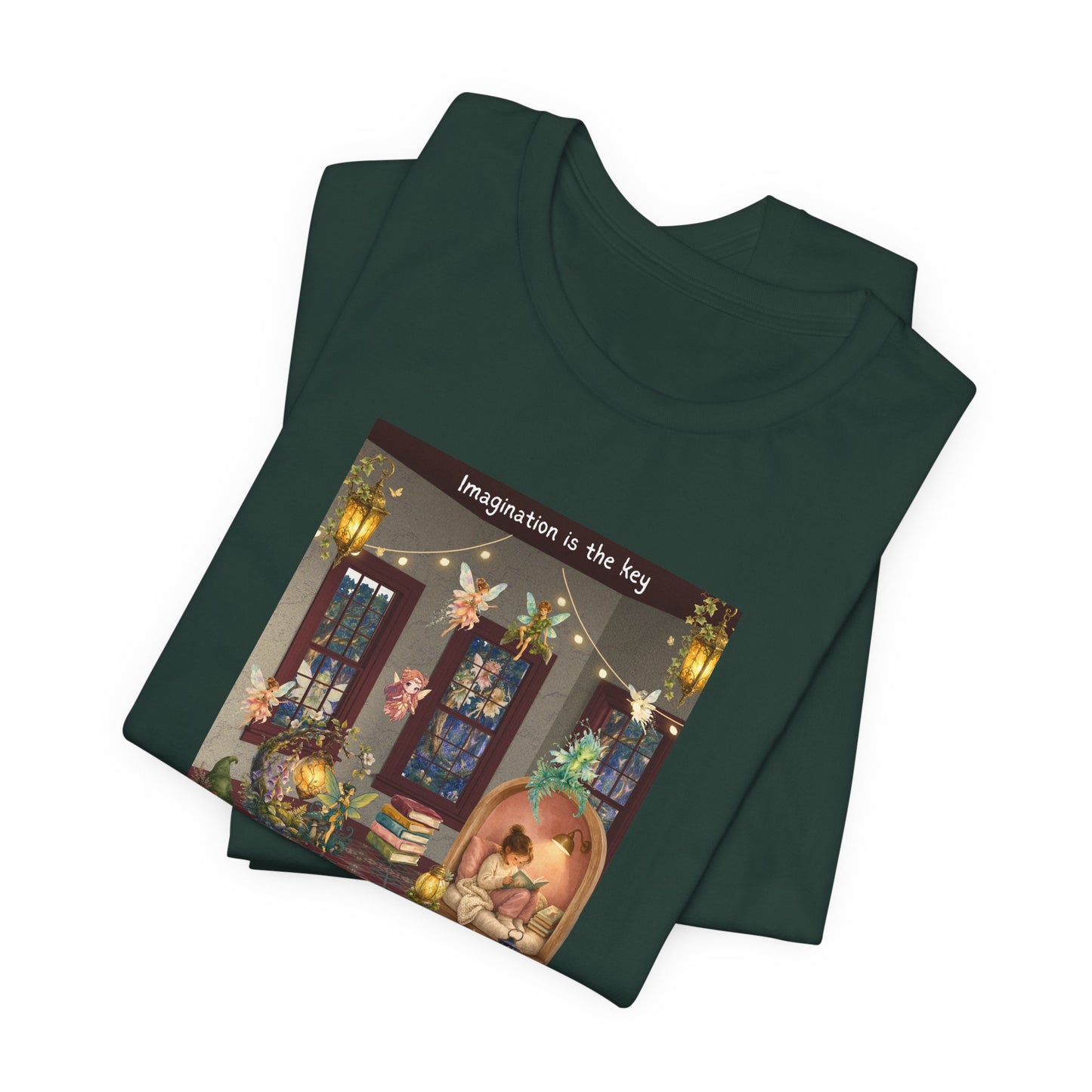 T-Shirt — Cozy Nighttime Reading Scene "Imagination is the Key"