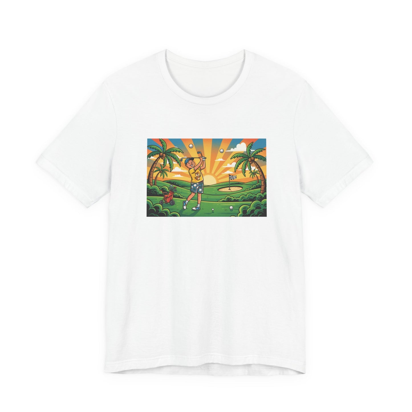 Sunset Golfer Graphic Tee — Tropical Golf Cartoon T-Shirt