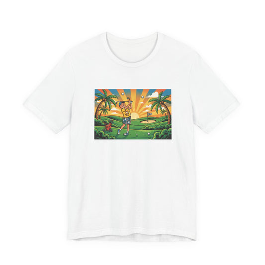 Sunset Golfer Graphic Tee — Tropical Golf Cartoon T-Shirt
