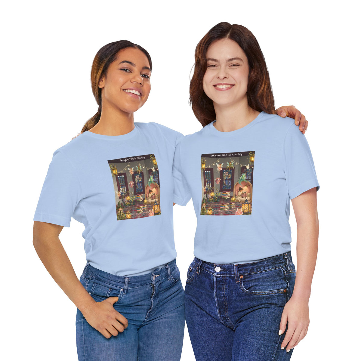 T-Shirt — Cozy Nighttime Reading Scene "Imagination is the Key"