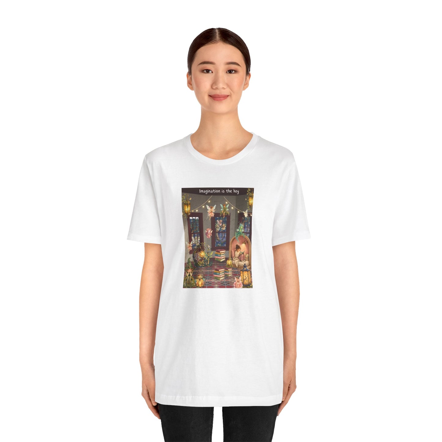 T-Shirt — Cozy Nighttime Reading Scene "Imagination is the Key"
