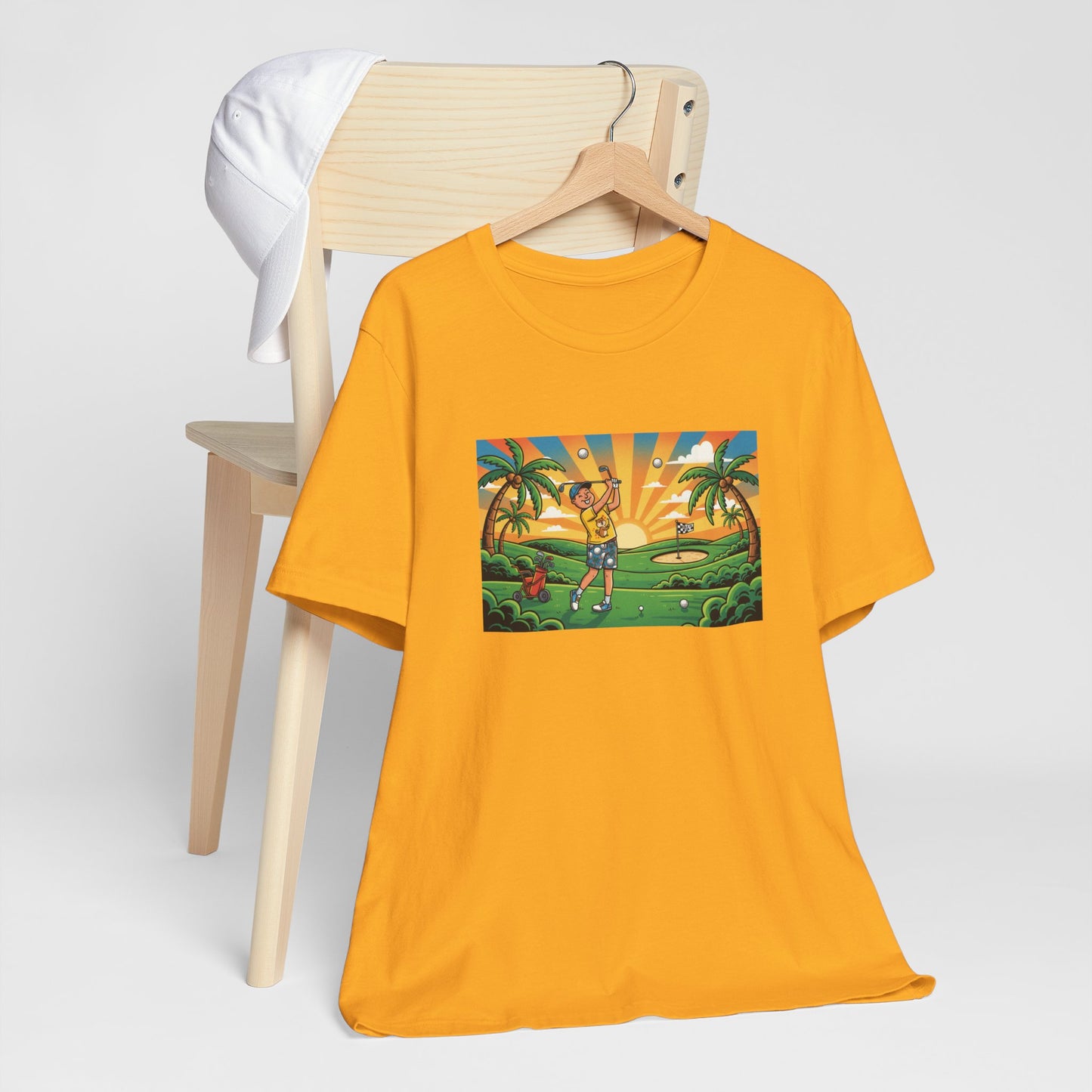 Sunset Golfer Graphic Tee — Tropical Golf Cartoon T-Shirt