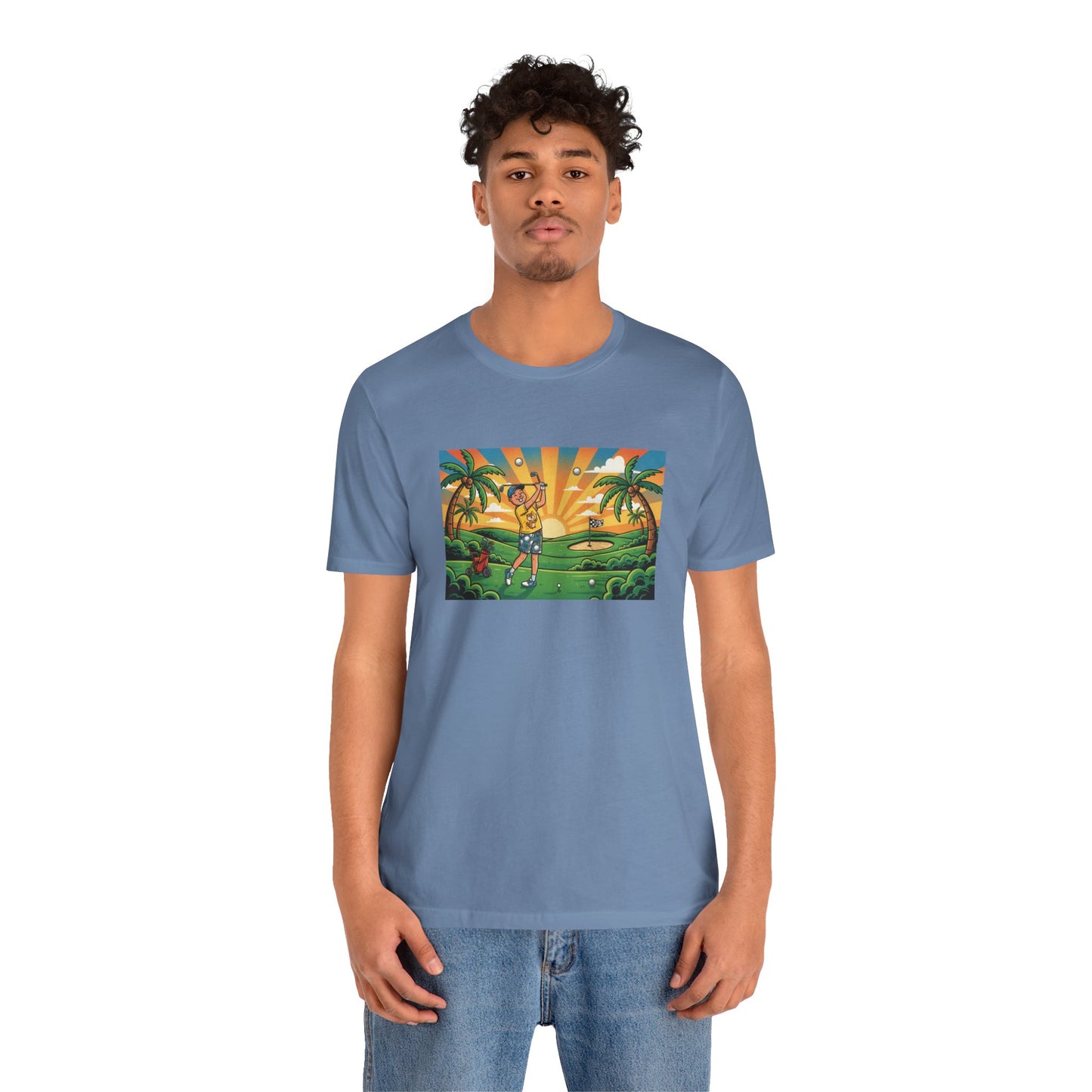 Sunset Golfer Graphic Tee — Tropical Golf Cartoon T-Shirt