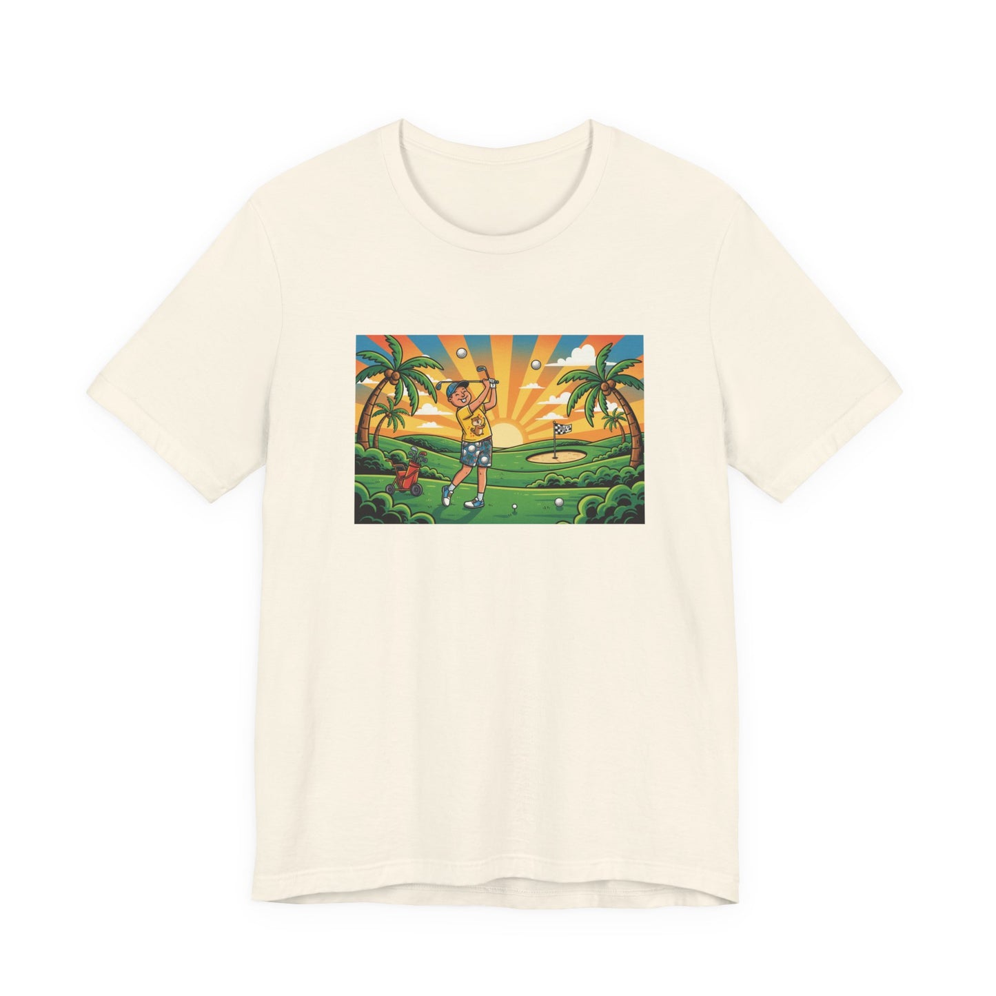 Sunset Golfer Graphic Tee — Tropical Golf Cartoon T-Shirt