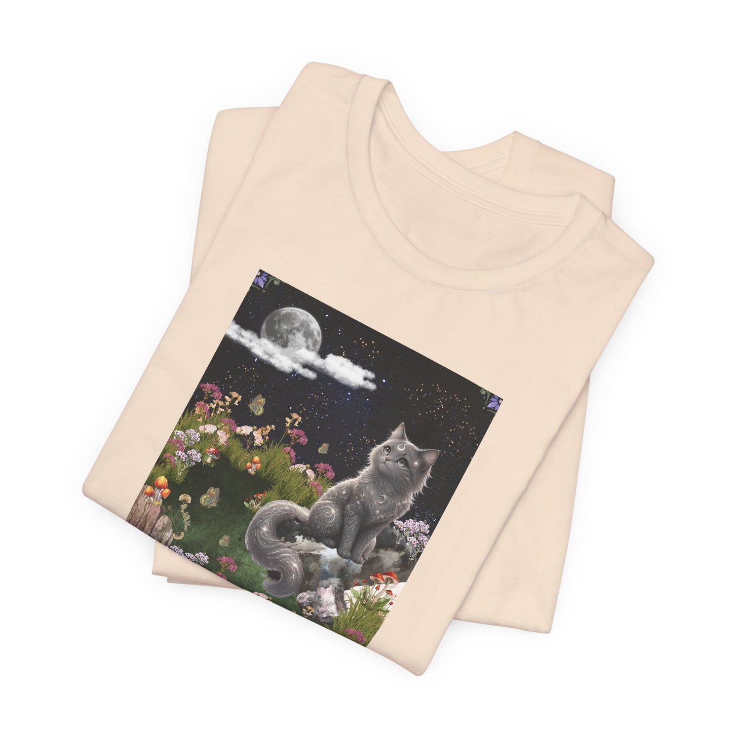 Moonlit Cat Garden T-Shirt — Midnight Moon & Floral Kitty Tee