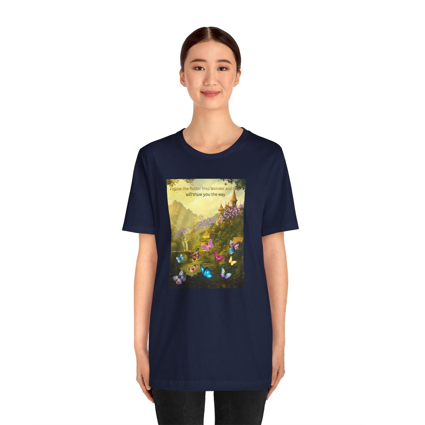 Inspirational Butterfly Landscape Tee — "Follow the Flower..." Nature Graphic T‑Shirt