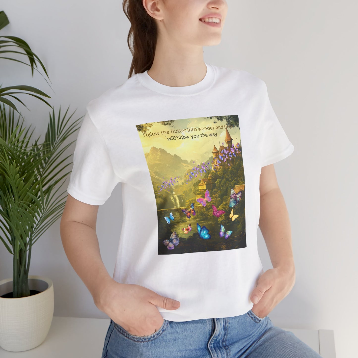Inspirational Butterfly Landscape Tee — "Follow the Flower..." Nature Graphic T‑Shirt