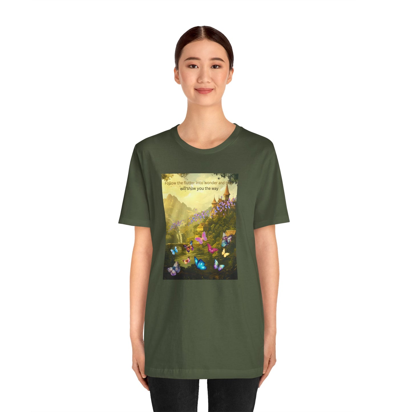 Inspirational Butterfly Landscape Tee — "Follow the Flower..." Nature Graphic T‑Shirt