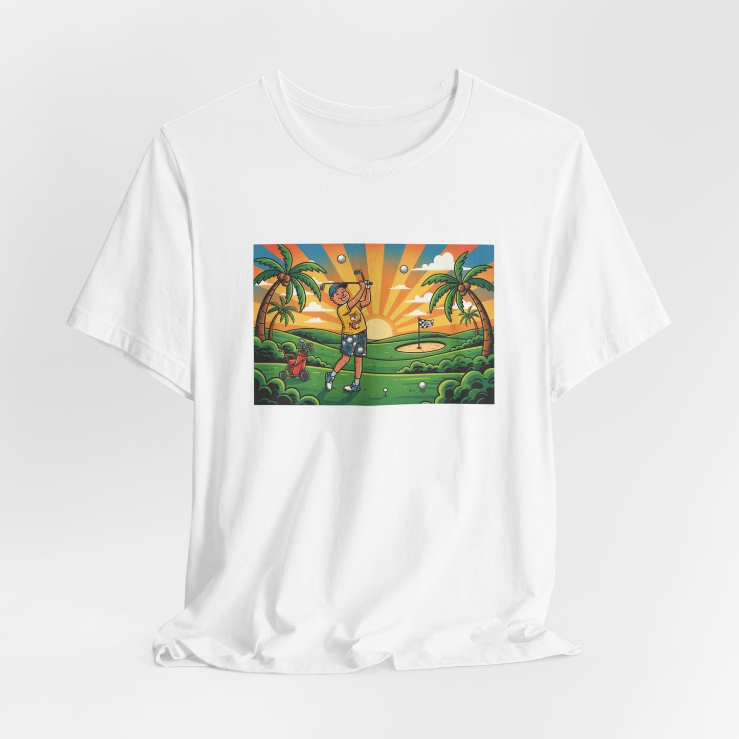 Sunset Golfer Graphic Tee — Tropical Golf Cartoon T-Shirt