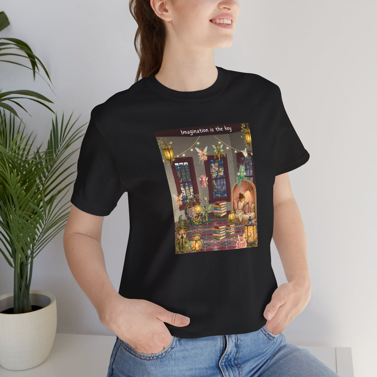T-Shirt — Cozy Nighttime Reading Scene "Imagination is the Key"