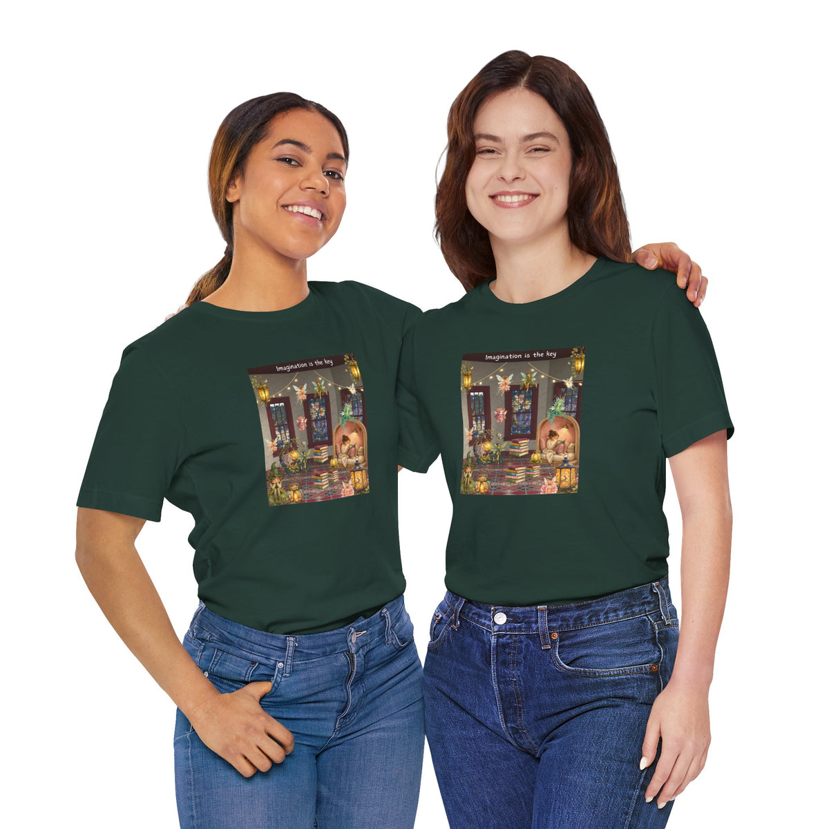 T-Shirt — Cozy Nighttime Reading Scene "Imagination is the Key"