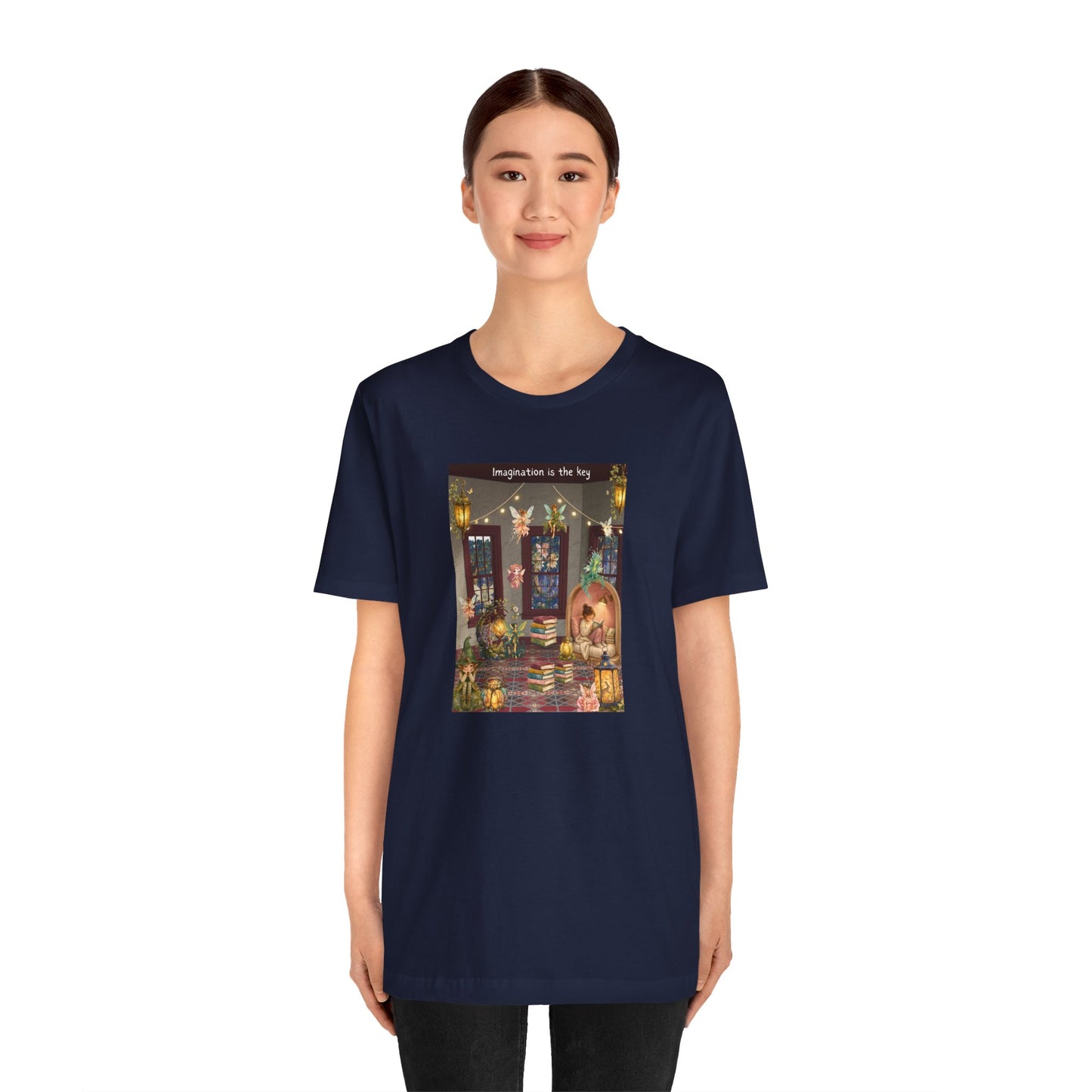 T-Shirt — Cozy Nighttime Reading Scene "Imagination is the Key"