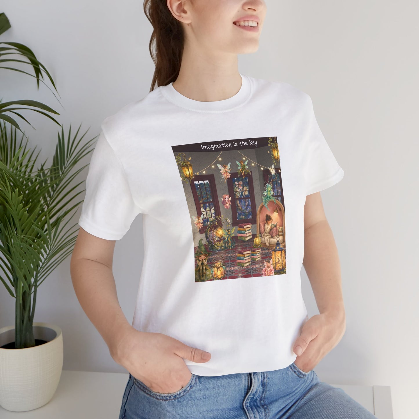 T-Shirt — Cozy Nighttime Reading Scene "Imagination is the Key"