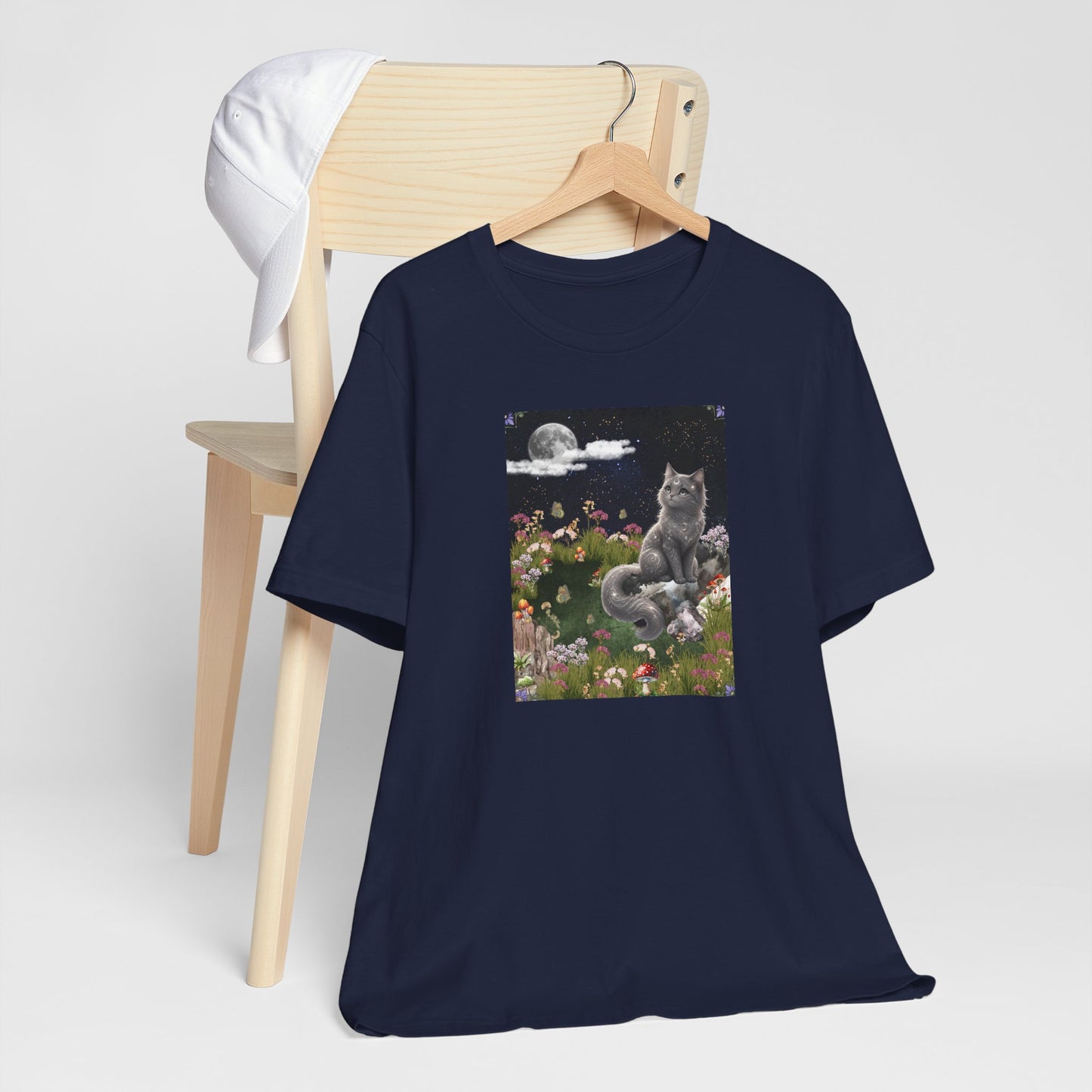 Moonlit Cat Garden T-Shirt — Midnight Moon & Floral Kitty Tee