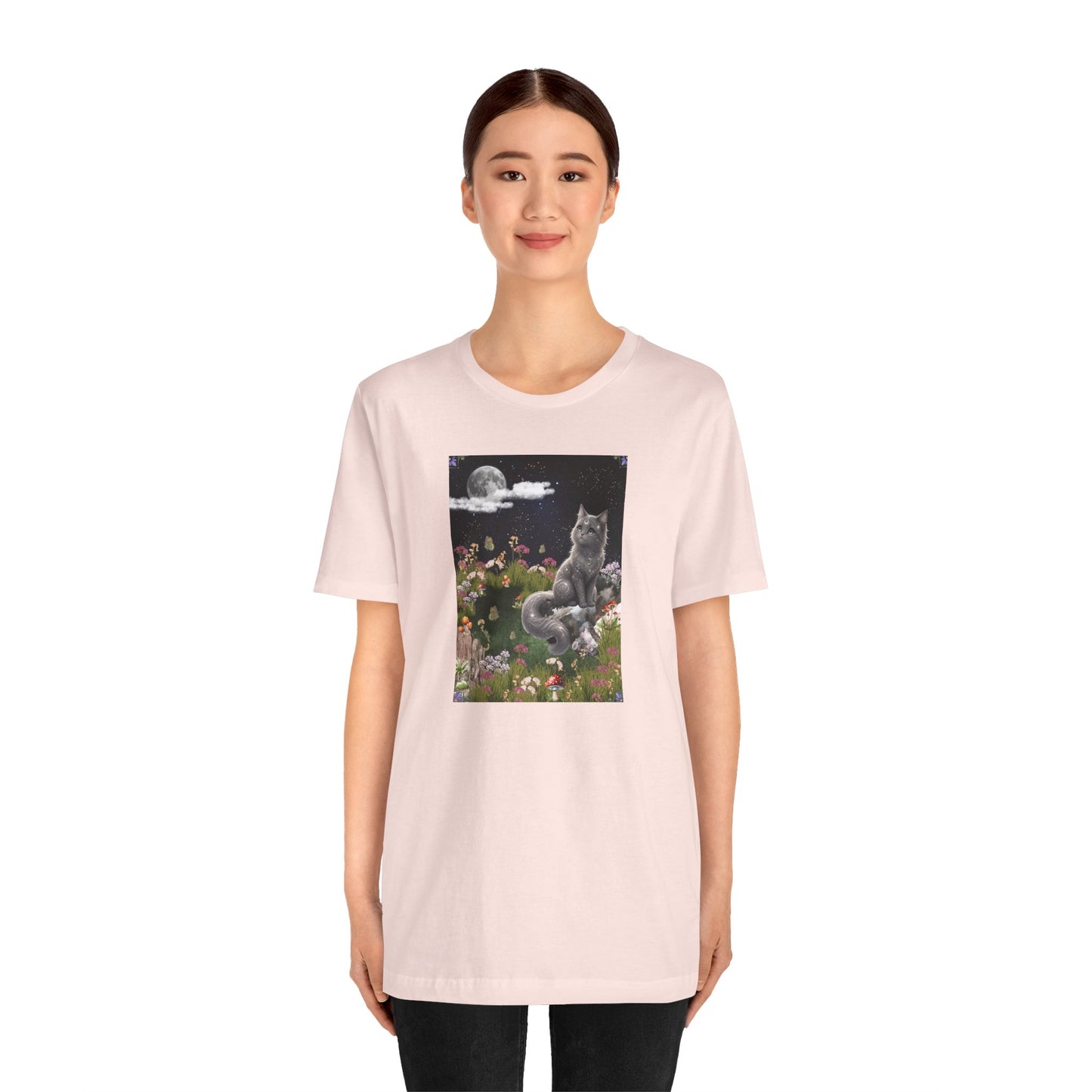 Moonlit Cat Garden T-Shirt — Midnight Moon & Floral Kitty Tee