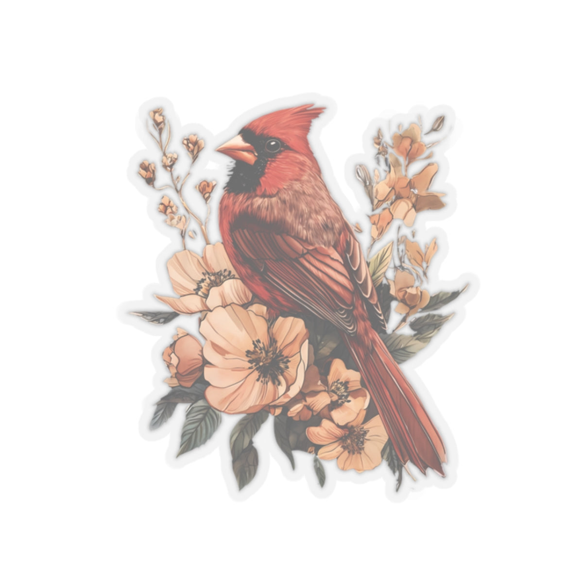 Cardinal Floral Sticker — Vintage Red Bird Kiss-Cut Decal for Laptops & Journals
