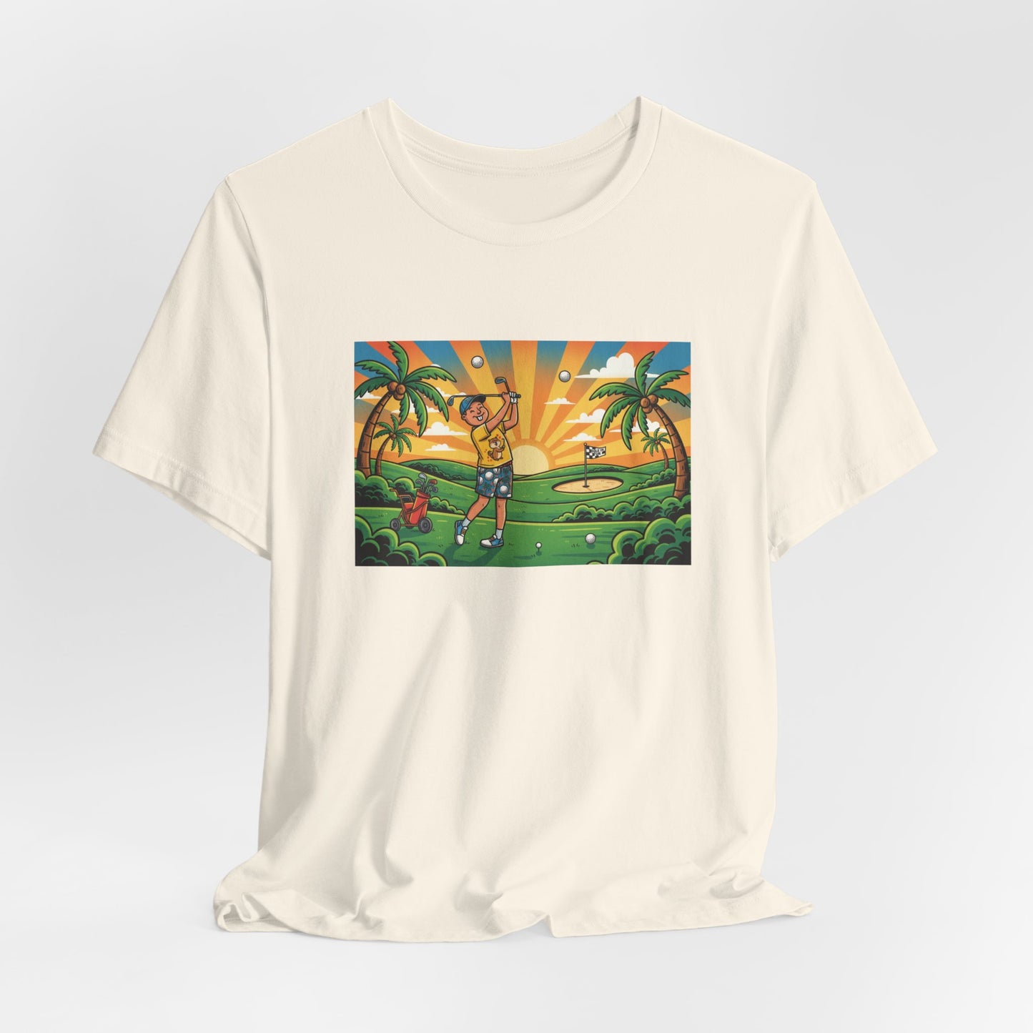 Sunset Golfer Graphic Tee — Tropical Golf Cartoon T-Shirt