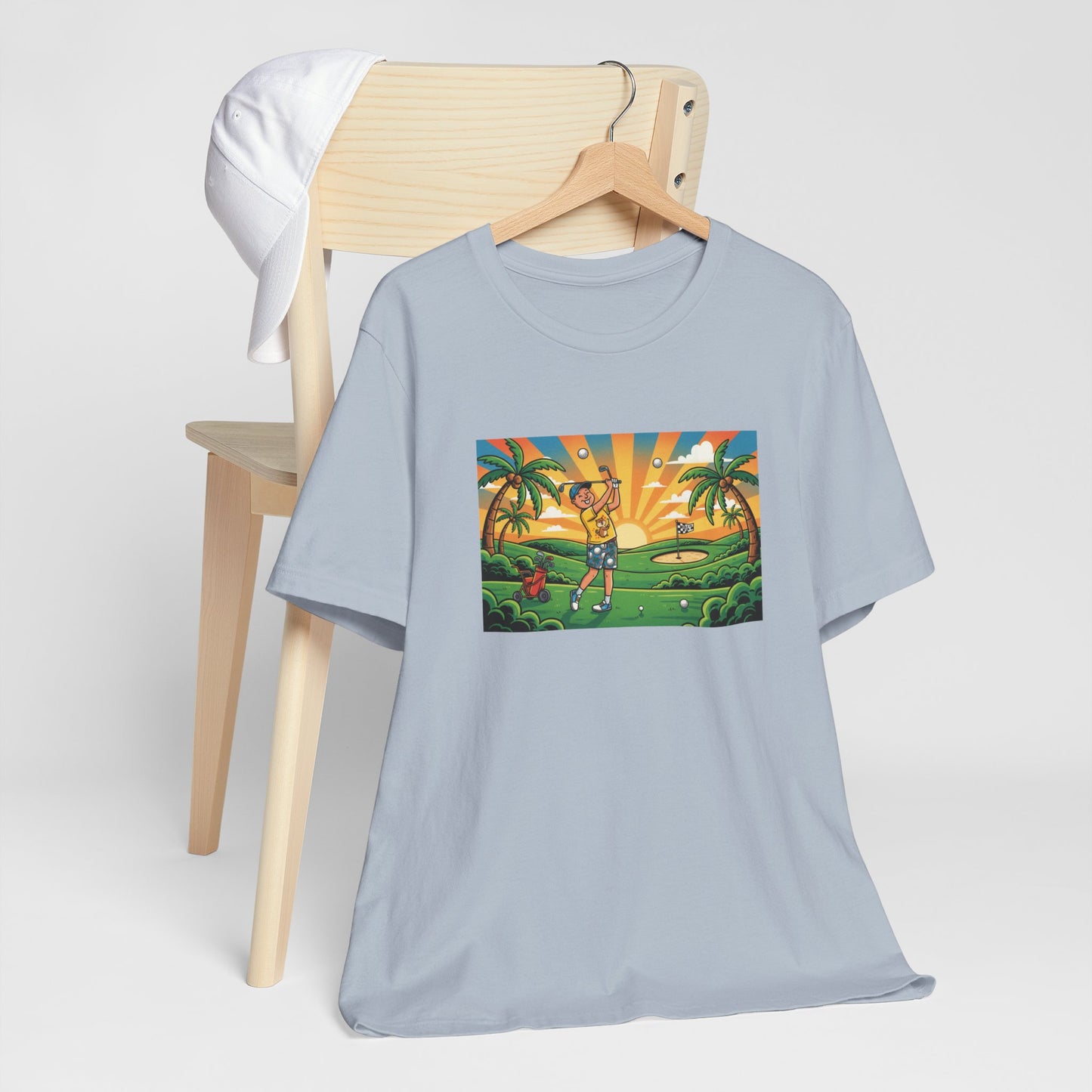 Sunset Golfer Graphic Tee — Tropical Golf Cartoon T-Shirt