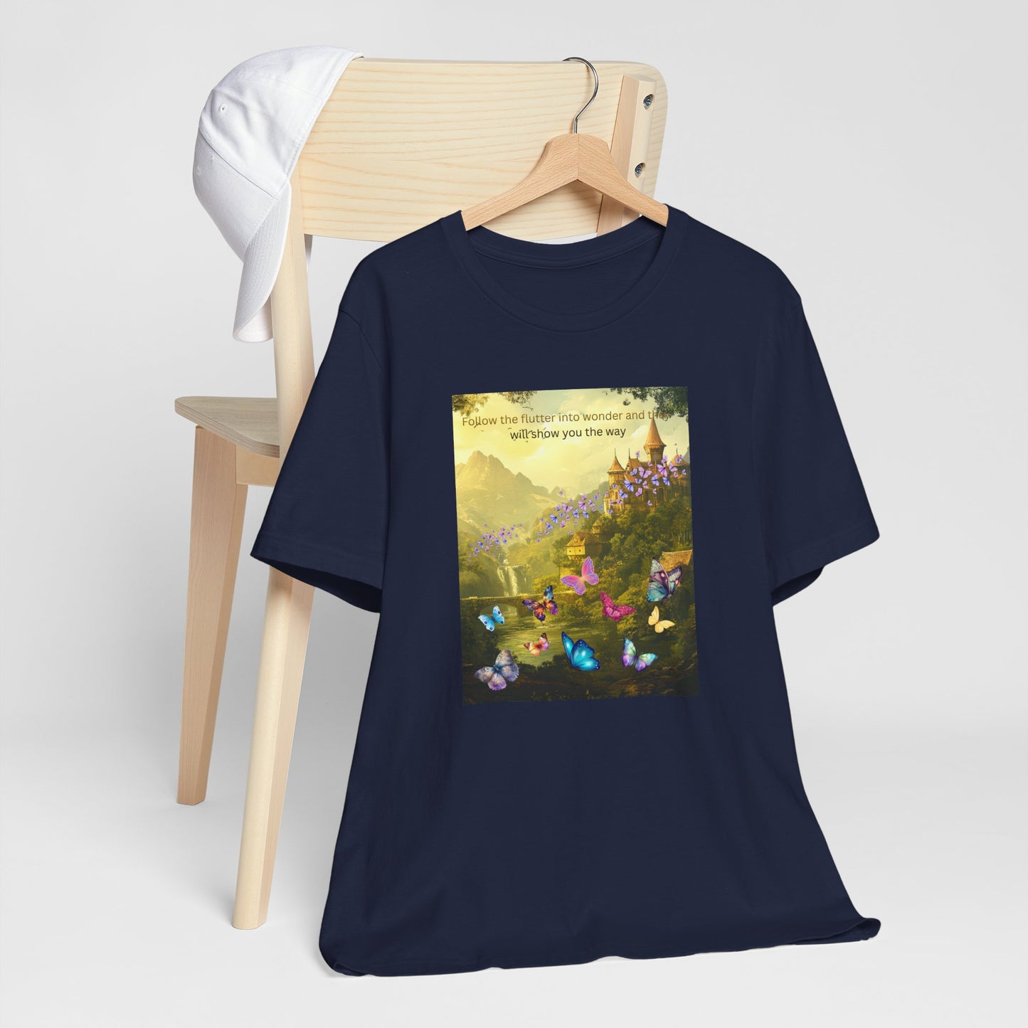 Inspirational Butterfly Landscape Tee — "Follow the Flower..." Nature Graphic T‑Shirt
