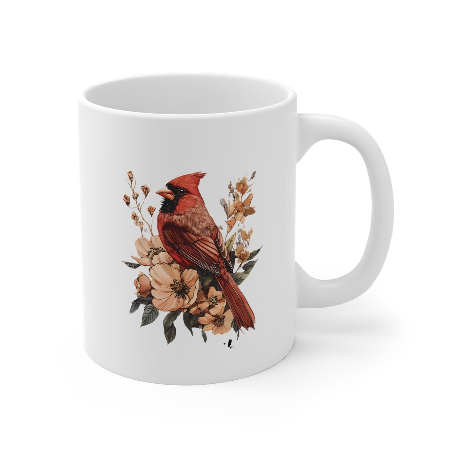 Cardinal Floral Mug — Botanical Red Bird Coffee Cup (11oz)