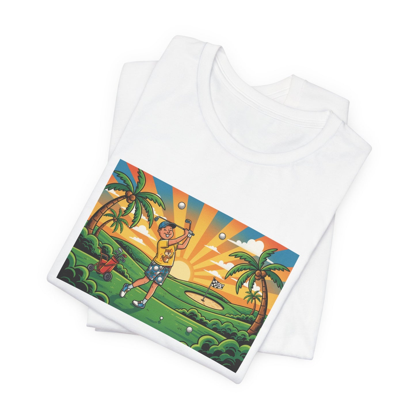 Sunset Golfer Graphic Tee — Tropical Golf Cartoon T-Shirt