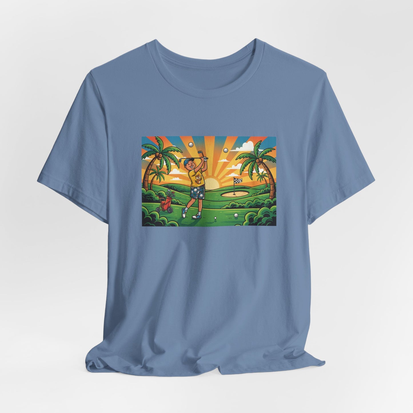 Sunset Golfer Graphic Tee — Tropical Golf Cartoon T-Shirt