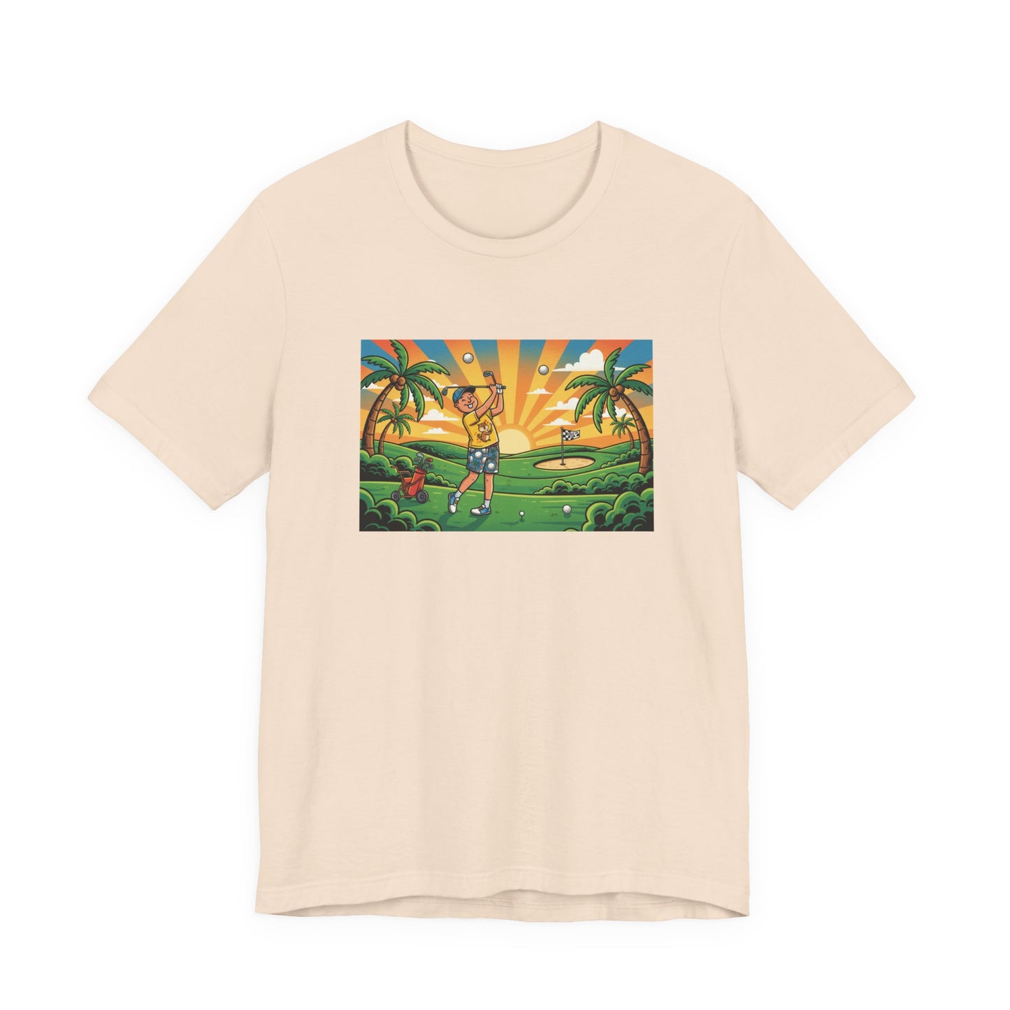 Sunset Golfer Graphic Tee — Tropical Golf Cartoon T-Shirt