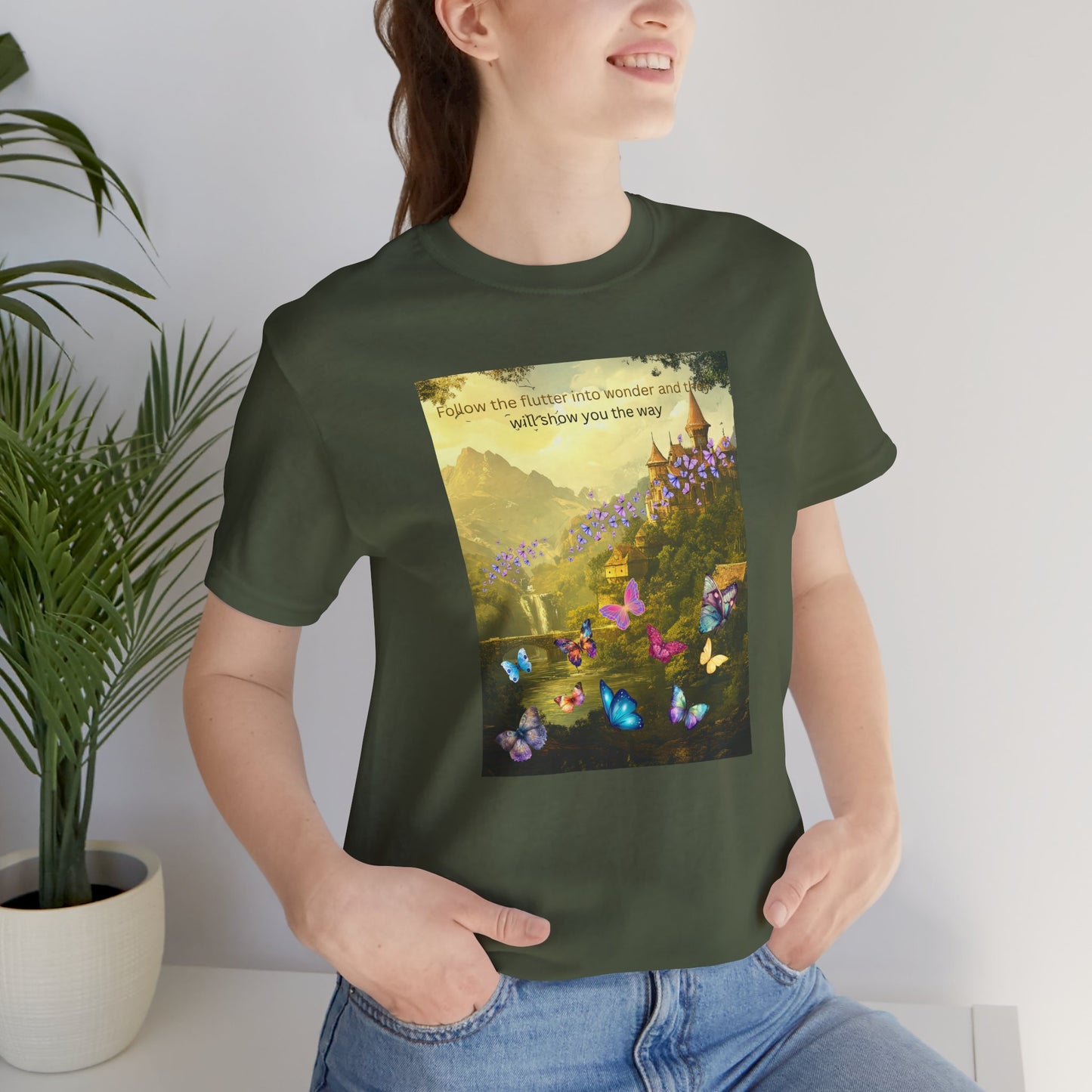 Inspirational Butterfly Landscape Tee — "Follow the Flower..." Nature Graphic T‑Shirt
