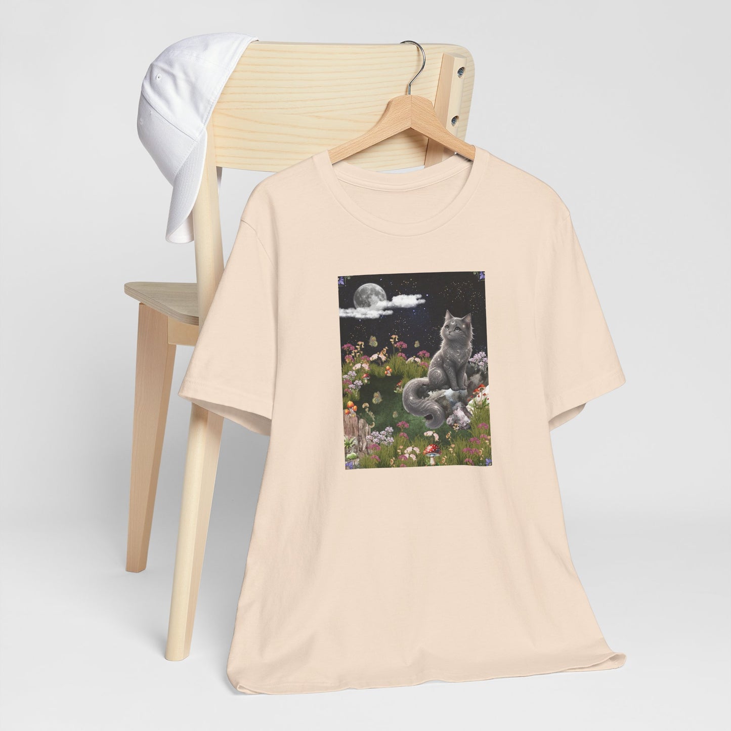 Moonlit Cat Garden T-Shirt — Midnight Moon & Floral Kitty Tee