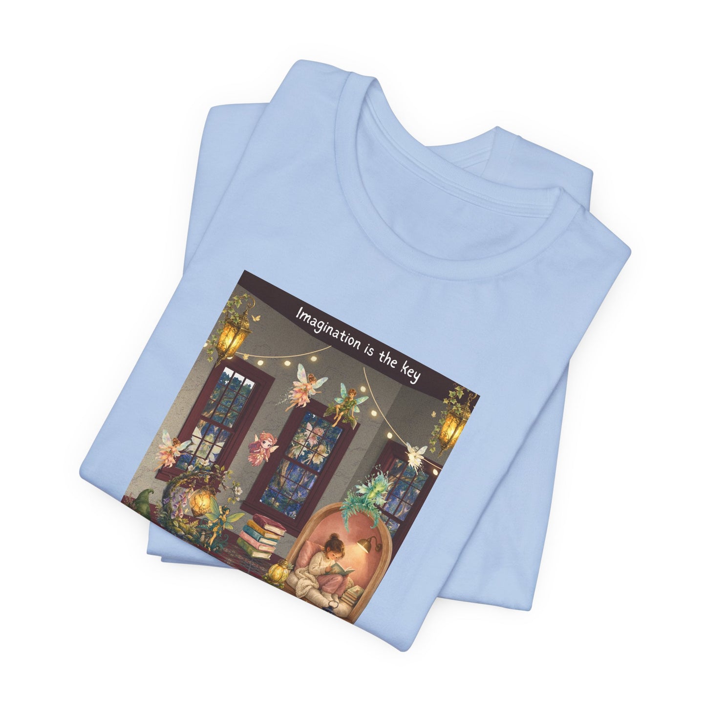 T-Shirt — Cozy Nighttime Reading Scene "Imagination is the Key"