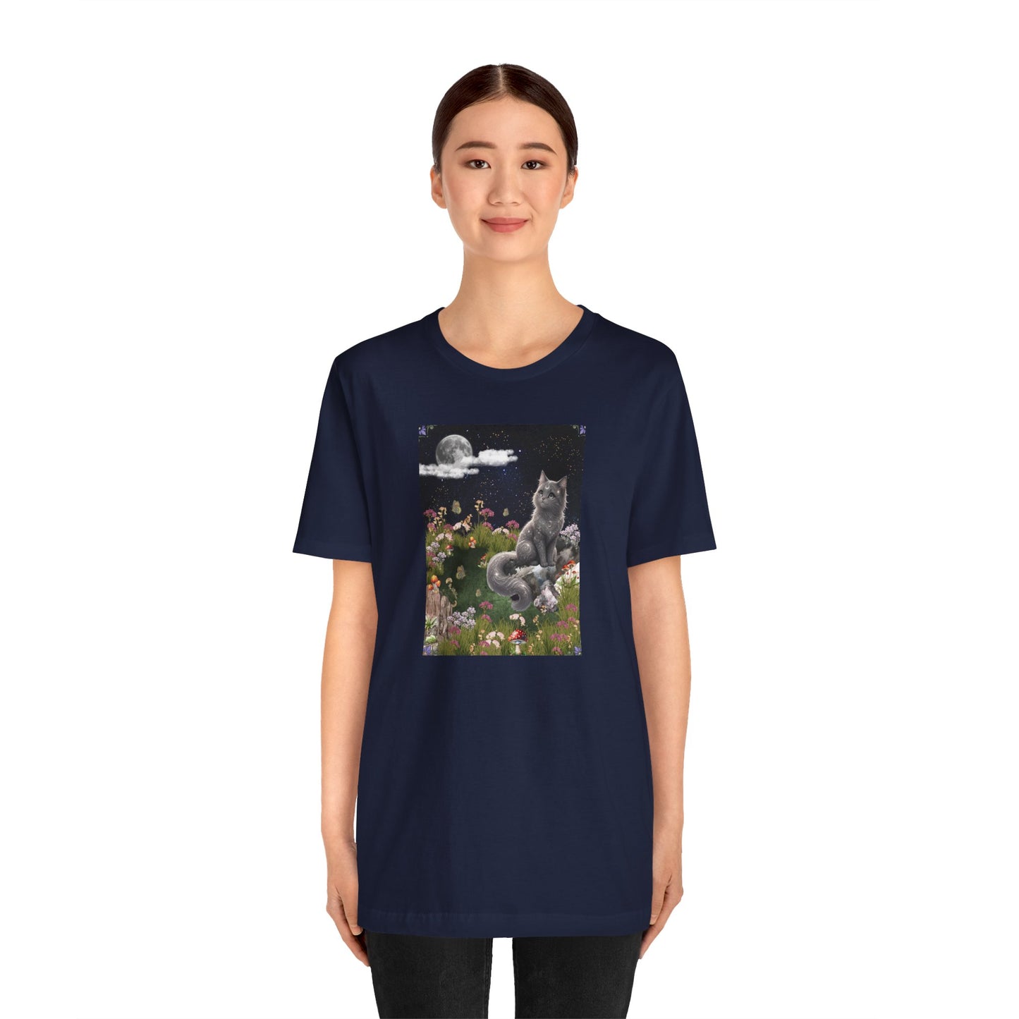 Moonlit Cat Garden T-Shirt — Midnight Moon & Floral Kitty Tee